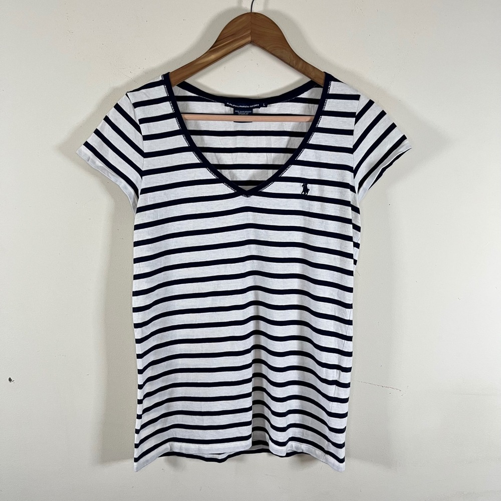 Y2K Ralph Lauren Sport Striped V-neck T-Shirt Pony Logo Navy White Cotton Large